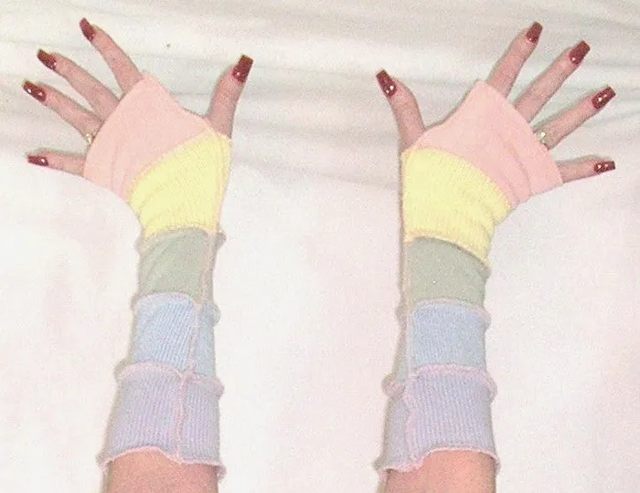 Arm Warmers "Pastel Pleasure" Fingerless Gloves Recycled Upcycled Sweater Patchwork Warmies Baby Blue Baby Yellow Icy Pink Fresh Mint Yummy