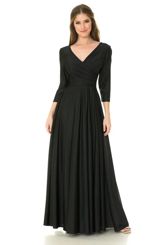 Black Sleeve Wrap Pleated Flare Pockets Formal Dress