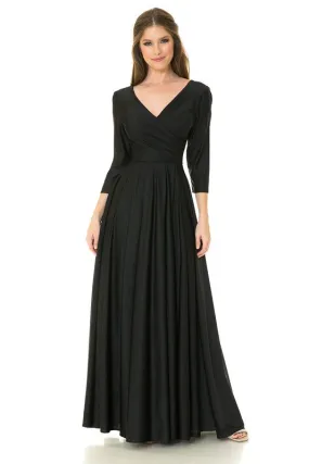 Black Sleeve Wrap Pleated Flare Pockets Formal Dress