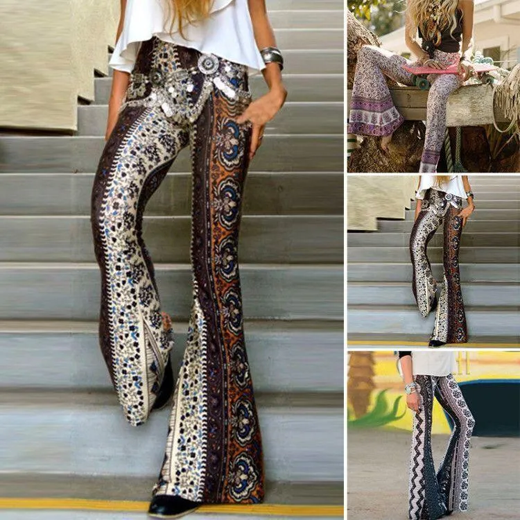 Floral Boho Hippie Casual Loose Wide Leg Flared Pants