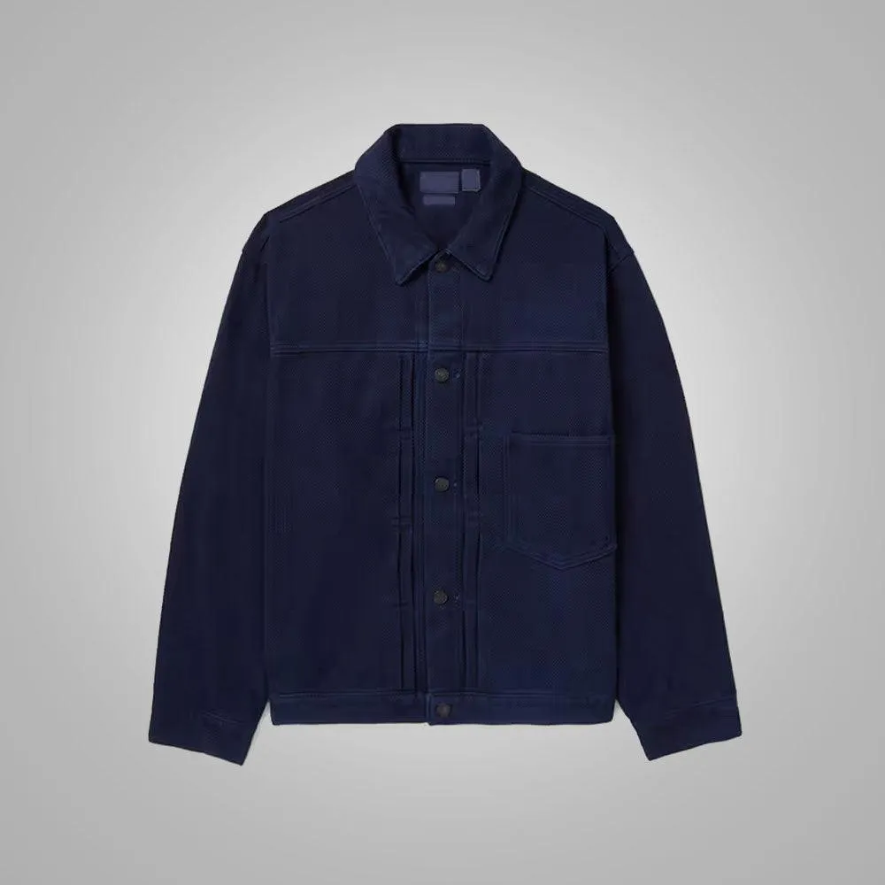 Indigo Suede Leather Trucker Jacket For Men