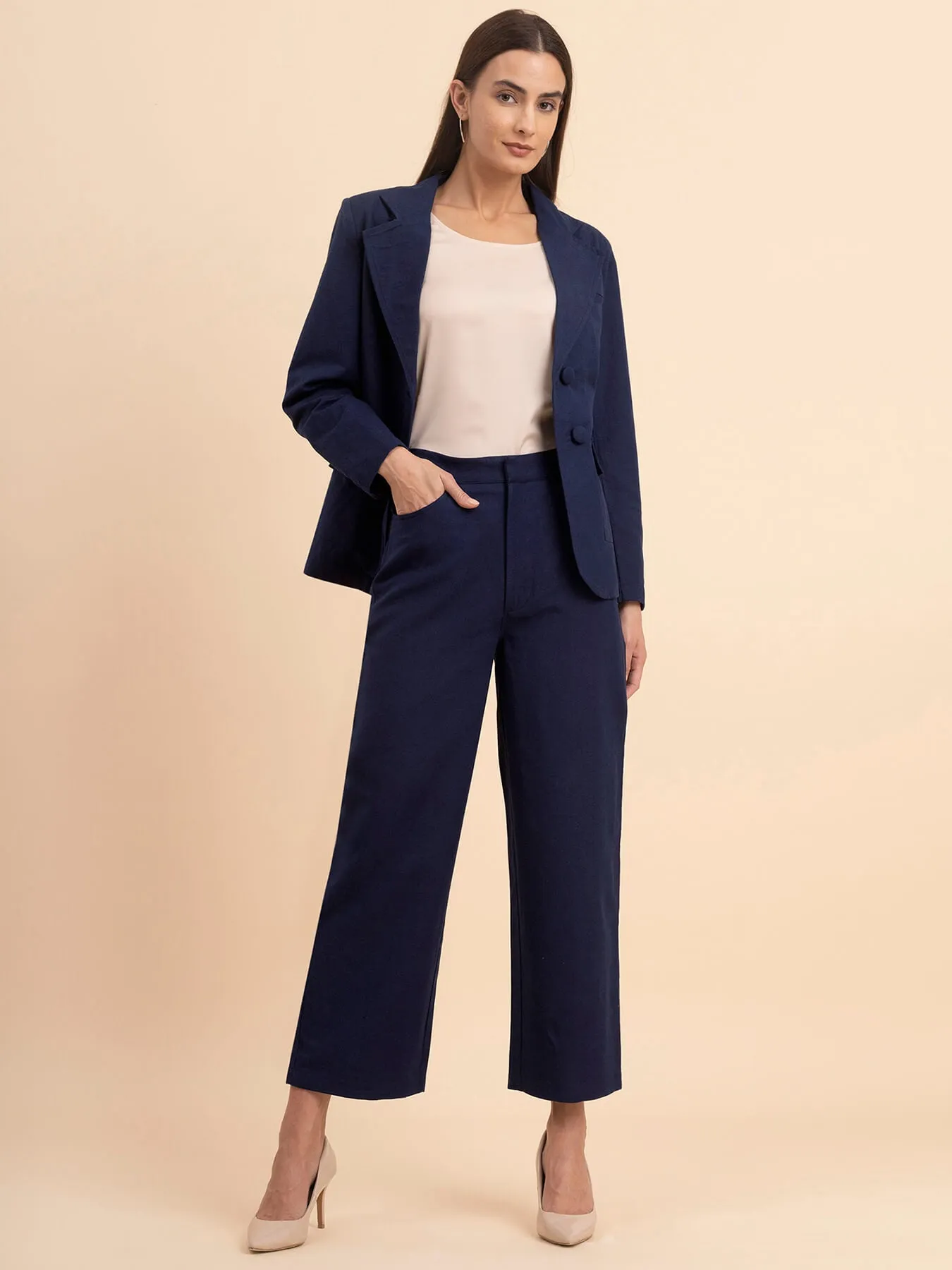 Linen Wide-Leg Trousers - Navy Blue