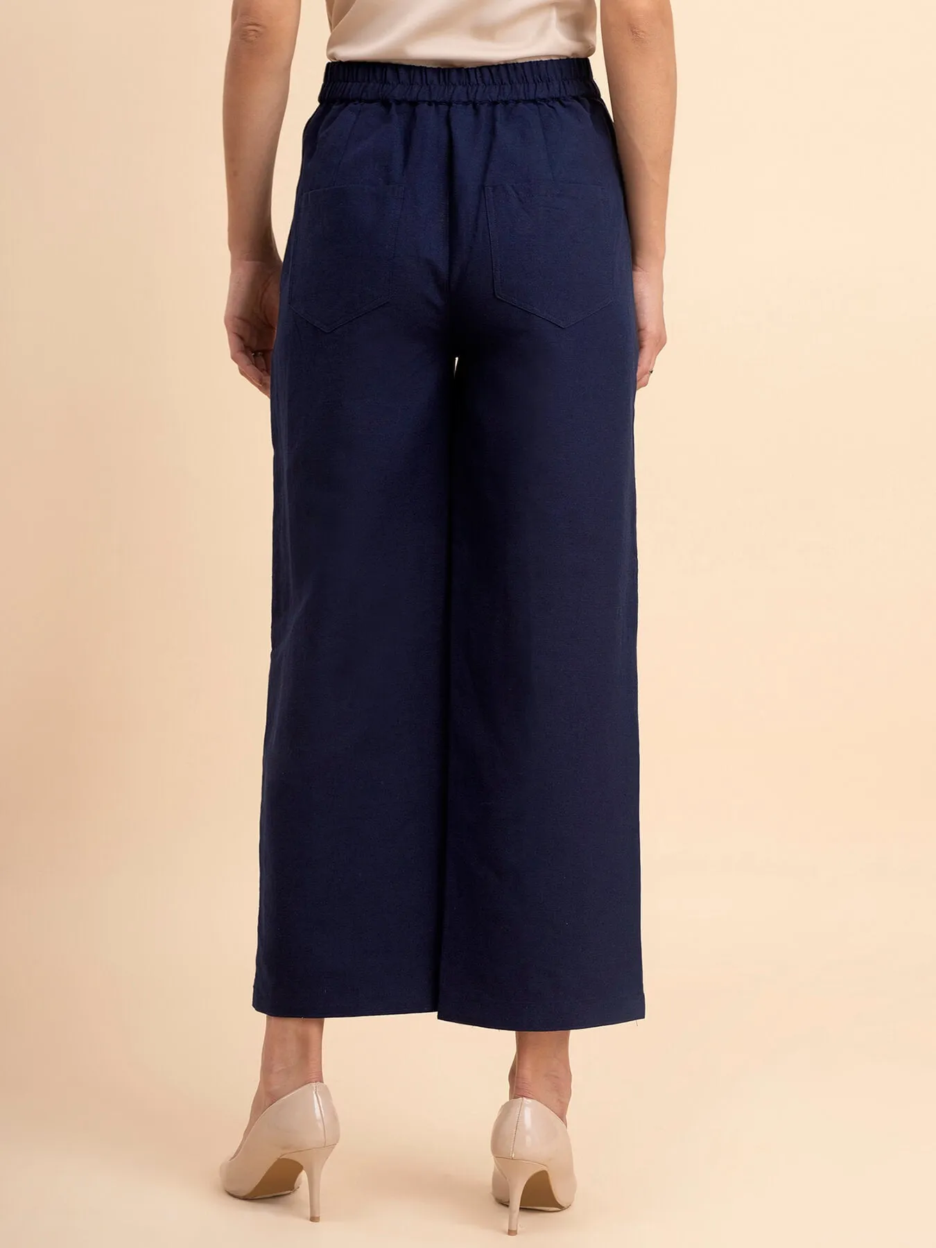 Linen Wide-Leg Trousers - Navy Blue