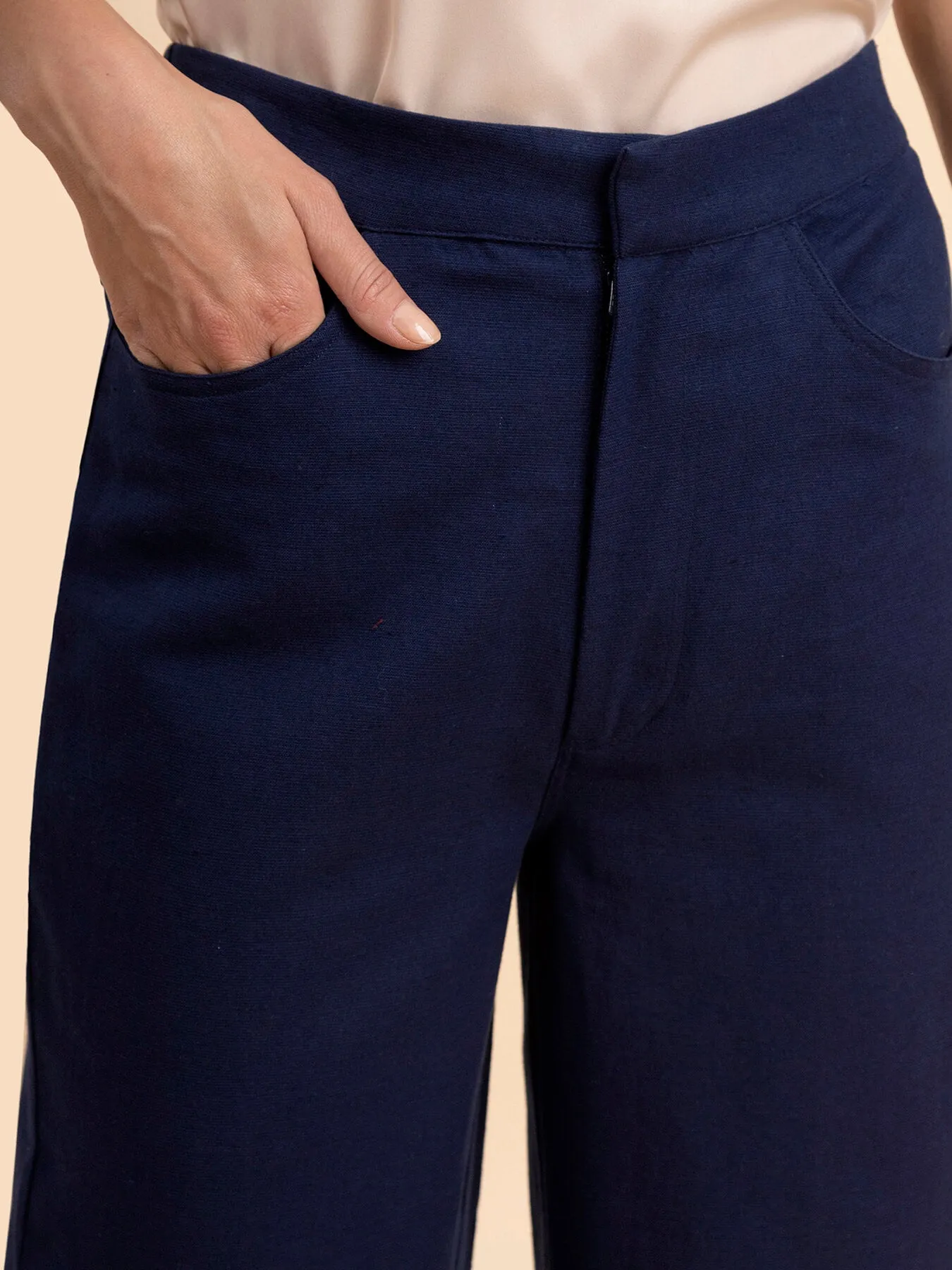 Linen Wide-Leg Trousers - Navy Blue