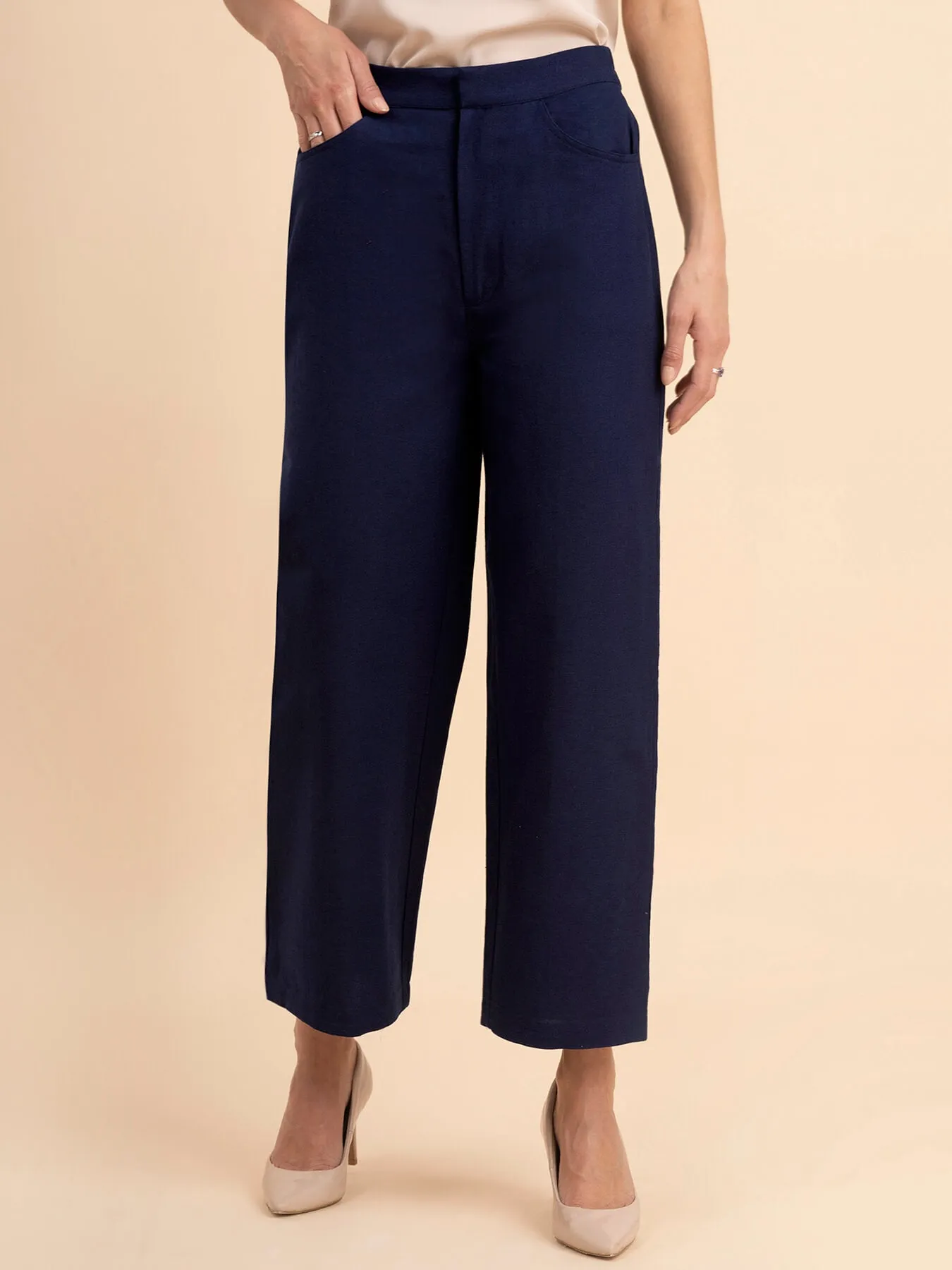Linen Wide-Leg Trousers - Navy Blue