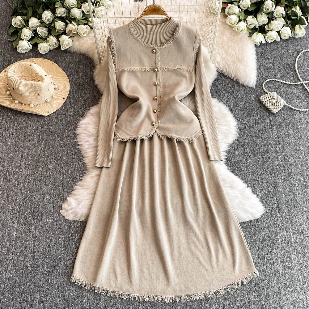 Patchwork Vest&Knitted Dress 2Pcs