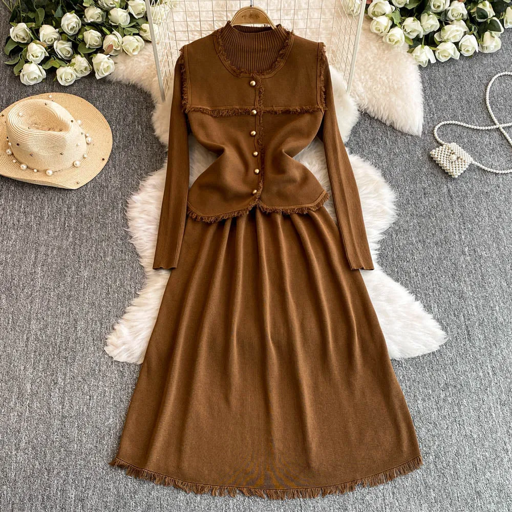 Patchwork Vest&Knitted Dress 2Pcs
