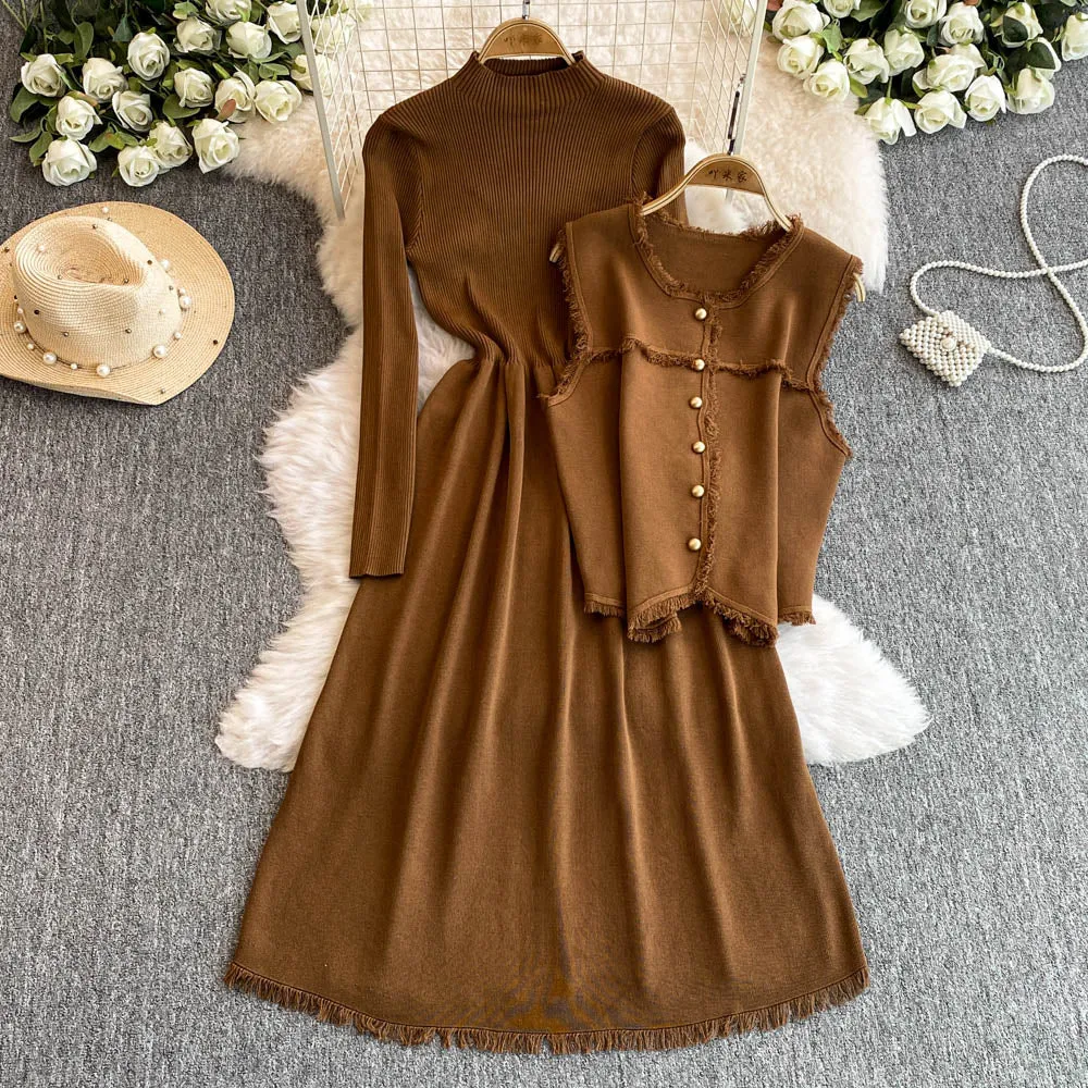 Patchwork Vest&Knitted Dress 2Pcs