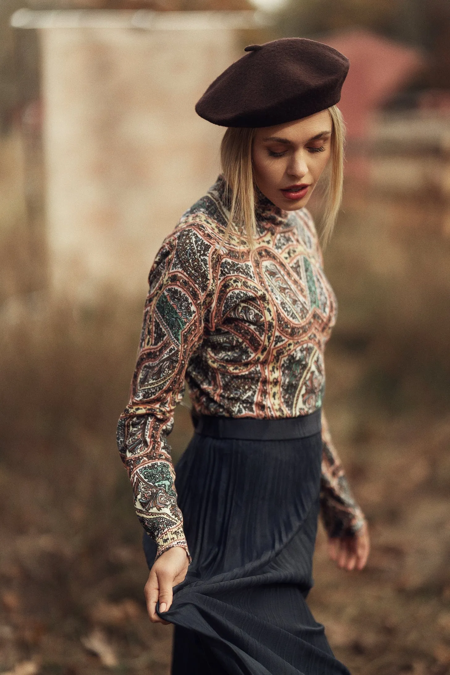 Pleated Faux Suede Skirt 37"-Navy