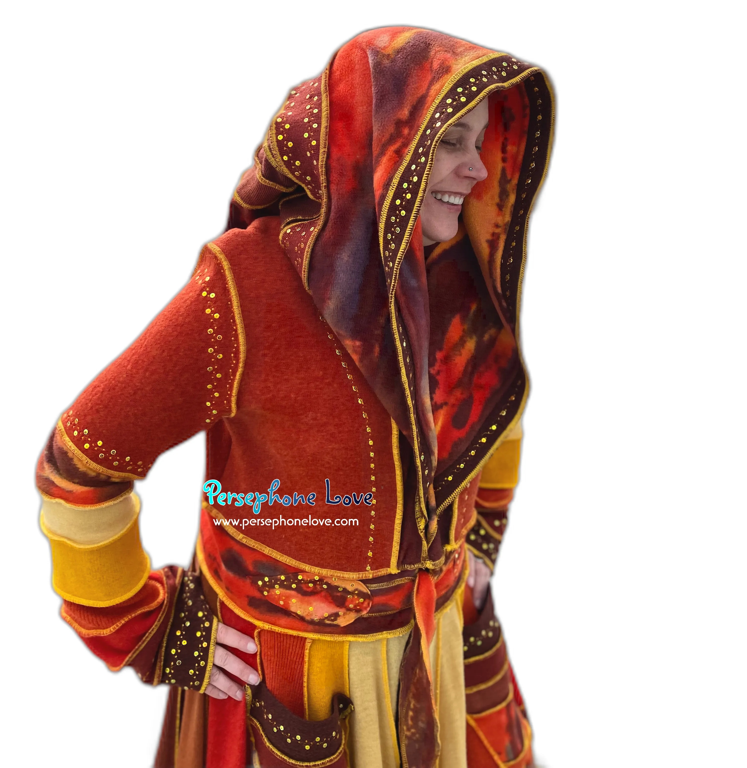 "Sunset" Orange needle-felted wool/cashmere Katwise-inspired patchwork elf sweatercoat-2515