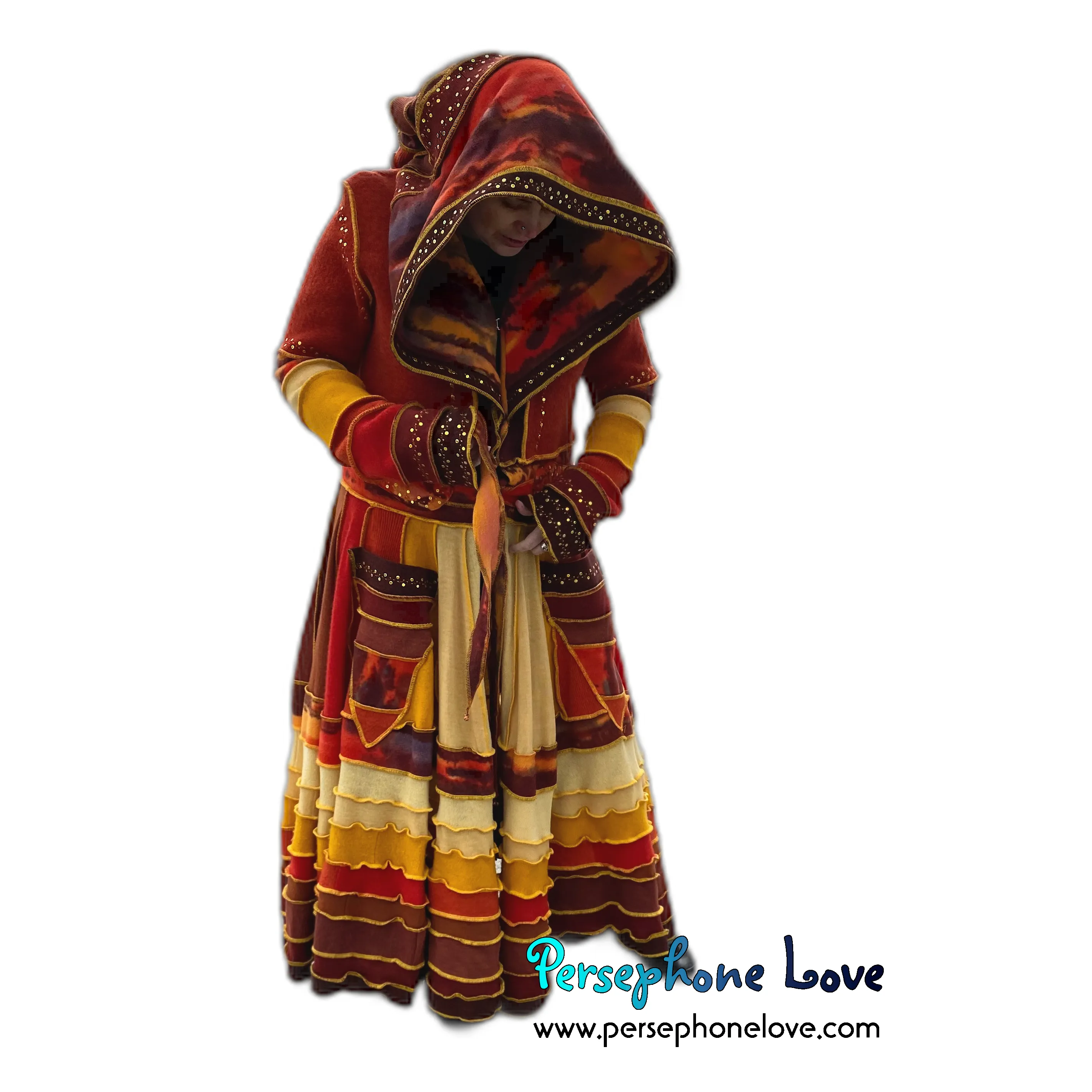 "Sunset" Orange needle-felted wool/cashmere Katwise-inspired patchwork elf sweatercoat-2515