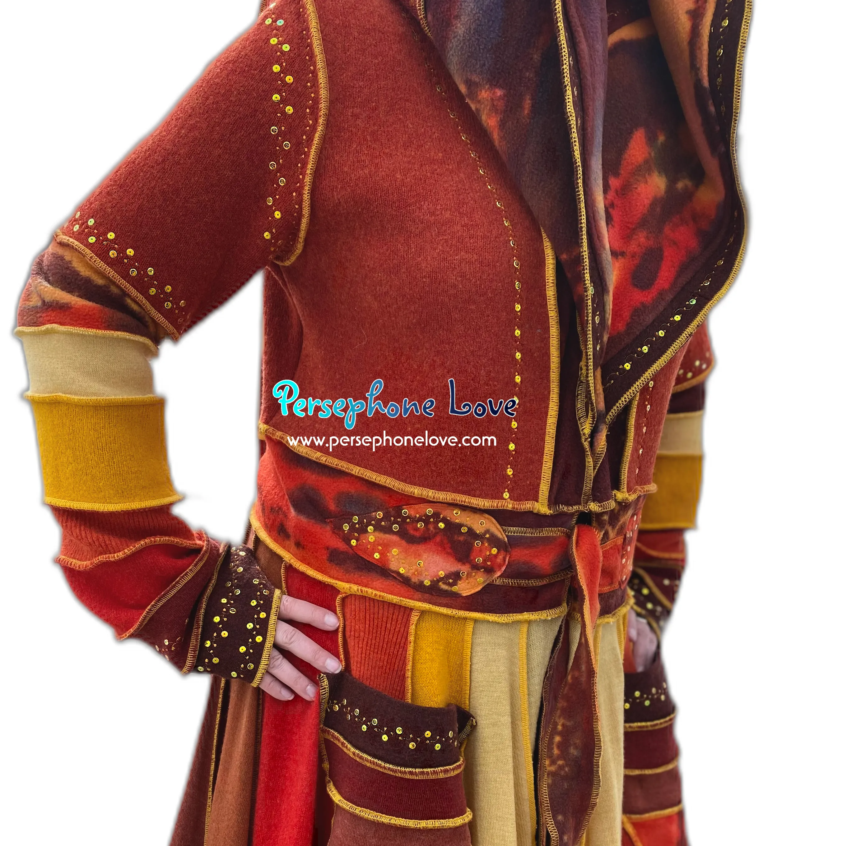"Sunset" Orange needle-felted wool/cashmere Katwise-inspired patchwork elf sweatercoat-2515