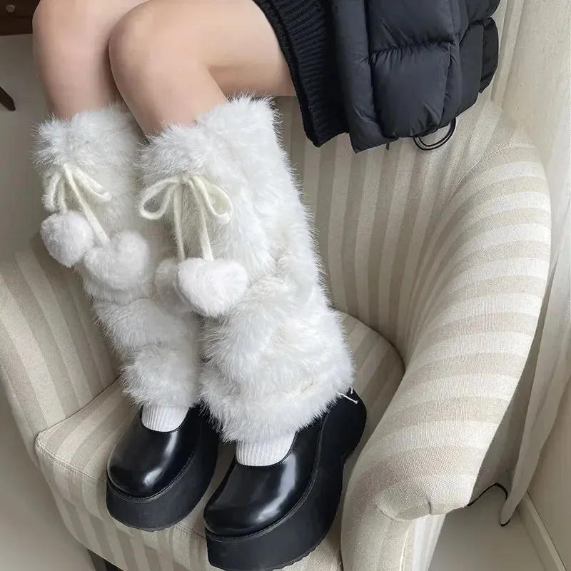 Sohiwoo Otter Rabbit Fur Bow Tie Leg Warmers White Ball Winter Warm Thickened Plush Leggings Socks Cold Protective Y2k Boots Cover Socks