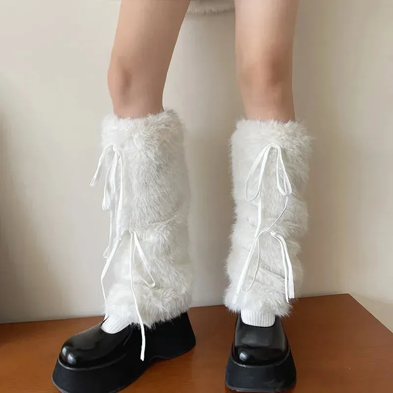 Sohiwoo Otter Rabbit Fur Bow Tie Leg Warmers White Ball Winter Warm Thickened Plush Leggings Socks Cold Protective Y2k Boots Cover Socks