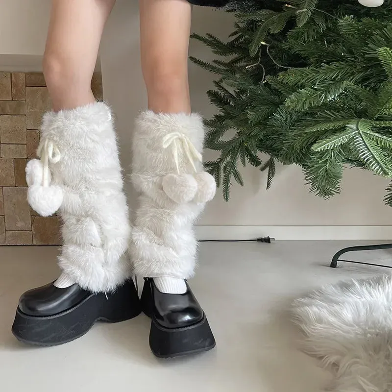 Sohiwoo Otter Rabbit Fur Bow Tie Leg Warmers White Ball Winter Warm Thickened Plush Leggings Socks Cold Protective Y2k Boots Cover Socks