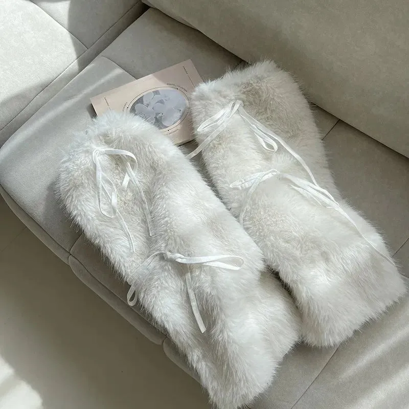Sohiwoo Otter Rabbit Fur Bow Tie Leg Warmers White Ball Winter Warm Thickened Plush Leggings Socks Cold Protective Y2k Boots Cover Socks