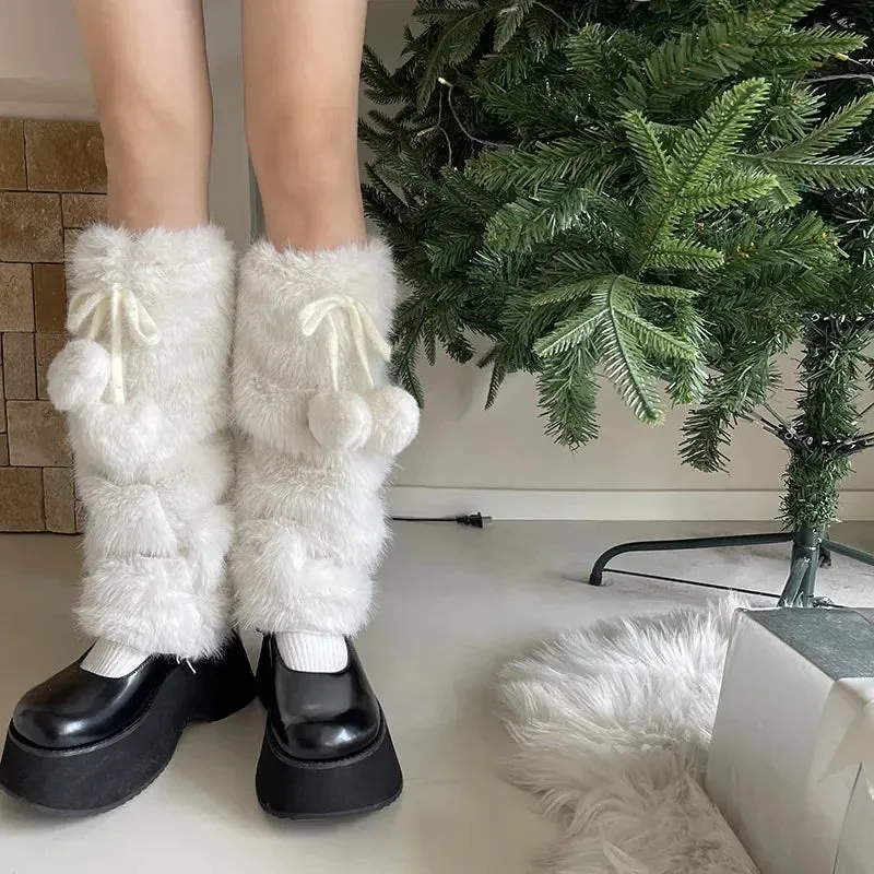 Sohiwoo Otter Rabbit Fur Bow Tie Leg Warmers White Ball Winter Warm Thickened Plush Leggings Socks Cold Protective Y2k Boots Cover Socks